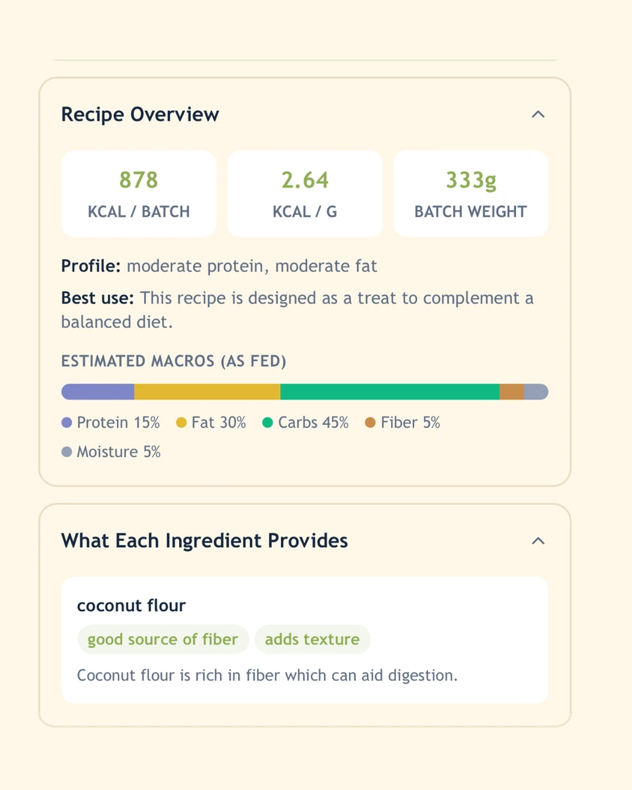 WellWhisker showing estimated calories, macros, and ingredient information for a recipe