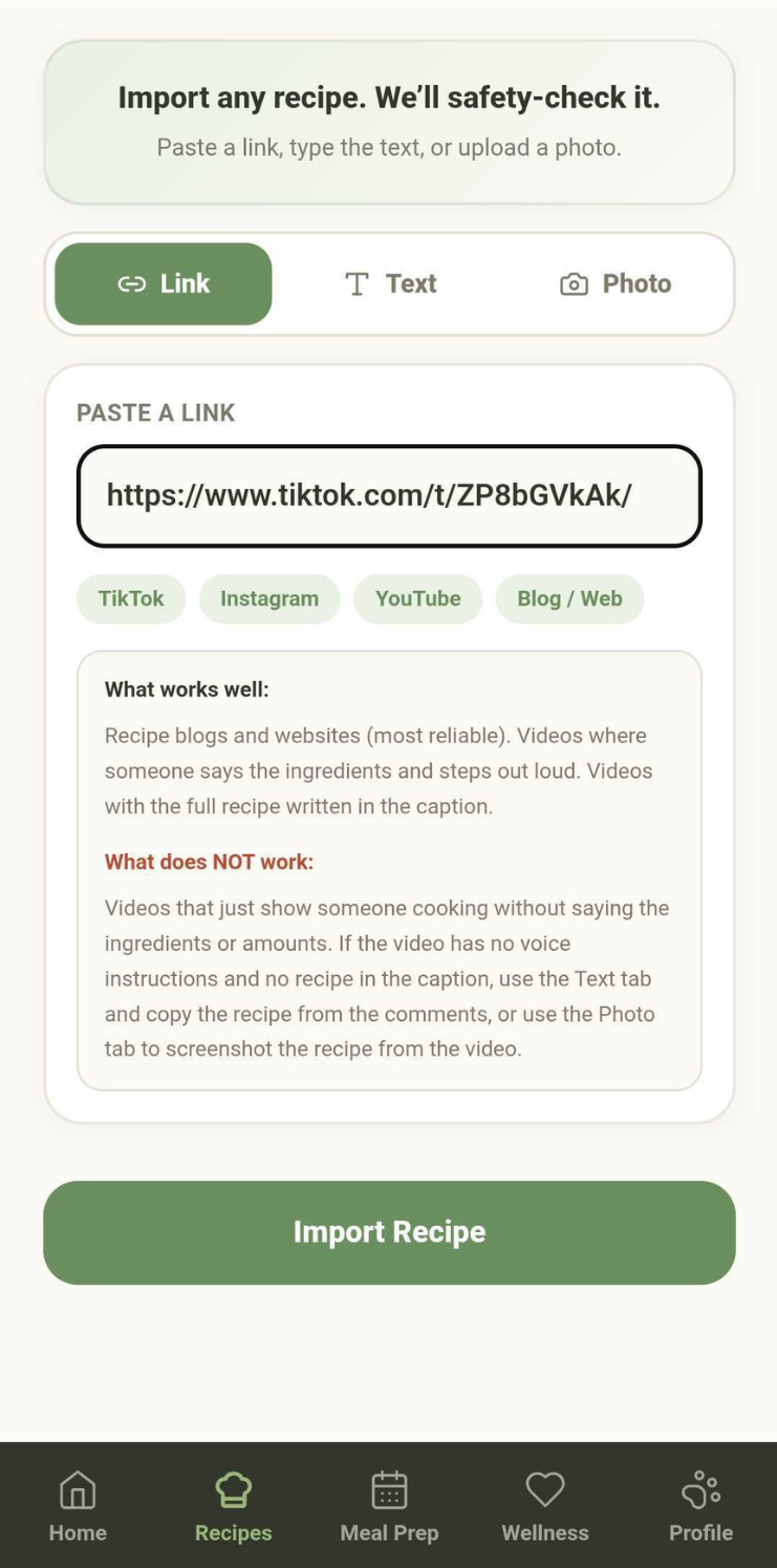 WellWhisker recipe import from TikTok Instagram YouTube and blogs
