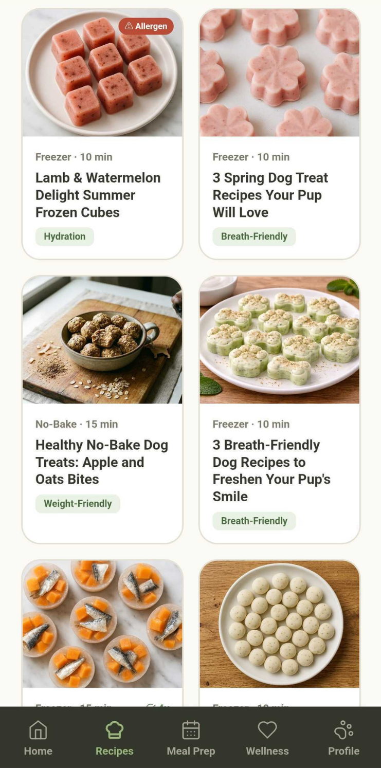 WellWhisker recipe library showing dog and cat treat recipes