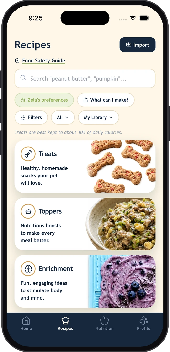 WellWhisker Recipes screen showing homemade treats, toppers and enrichment