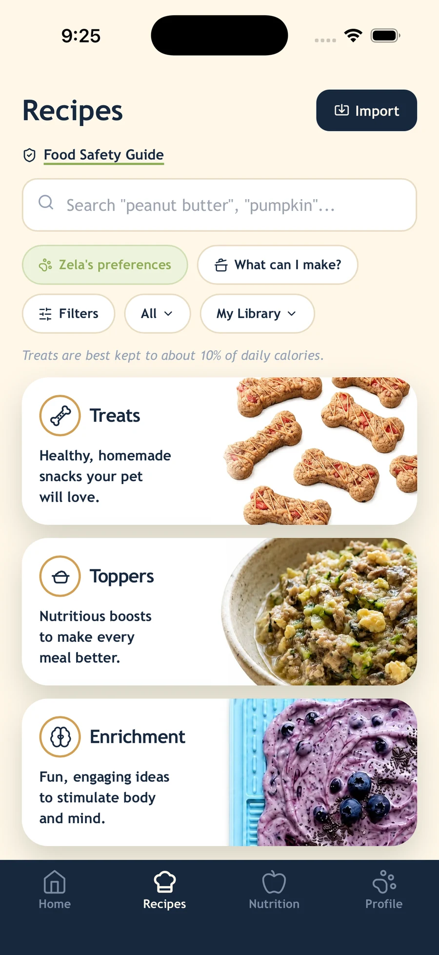 WellWhisker app showing homemade treat, topper and enrichment recipes